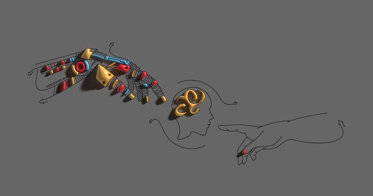 Hands of Robot and Human hands touching with fingers, Virtual Re